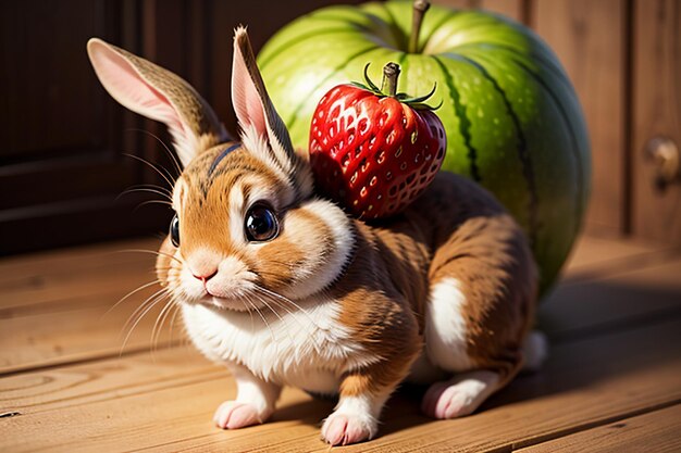 Ein Kaninchen sitzt zwischen Wassermelone, Apfel und Erdbeere und genießt leckeres Essen