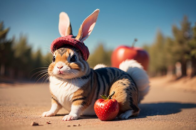 Ein Kaninchen sitzt zwischen Wassermelone, Apfel und Erdbeere und genießt leckeres Essen