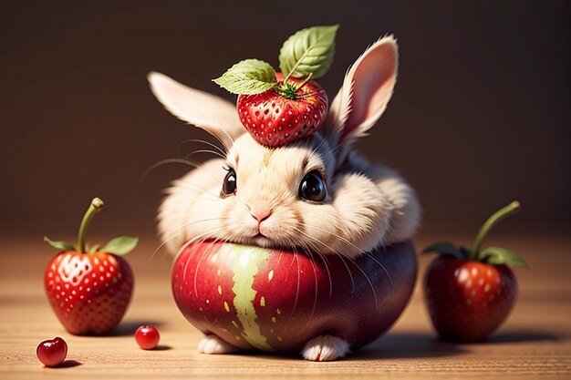 Ein Kaninchen sitzt zwischen Wassermelone, Apfel und Erdbeere und genießt leckeres Essen