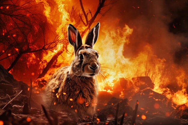 Ein Kaninchen steht vorsichtig im Wald und seine Umgebung deutet auf das Umweltproblem eines nahe gelegenen Feuers hin