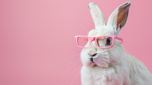 ein Kaninchen trägt eine rosa Brille und einen rosa Hintergrund