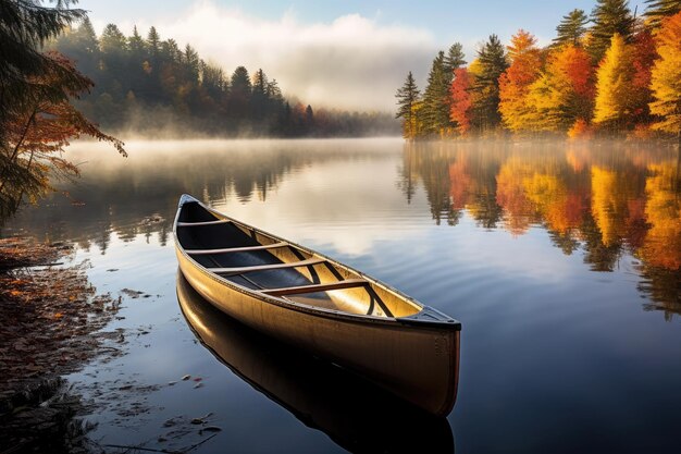 ein Kanu auf einem See mit Bäumen im Hintergrund