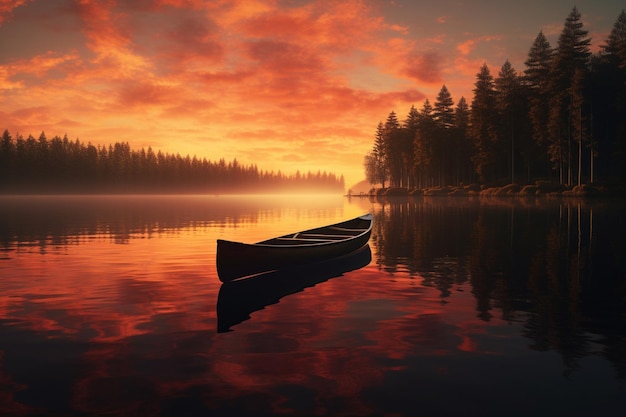 Ein Kanu gleitet schweigend auf einem spiegelhaften See unter 002400