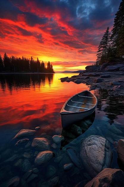 ein Kanu sitzt am Ufer eines Sees mit einem Sonnenuntergang im Hintergrund