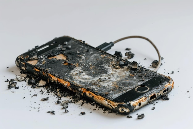 Ein kaputtes Handy liegt auf dem Boden, sein Bildschirm ist zerbrochen und die Knöpfe zerquetscht, so dass es unbrauchbar ist.