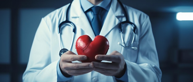 Ein Kardiologe hält ein Herzplakat mit Kopierraum