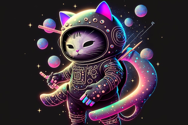 Ein Katzenastronaut mit einer Rakete im Hintergrund.