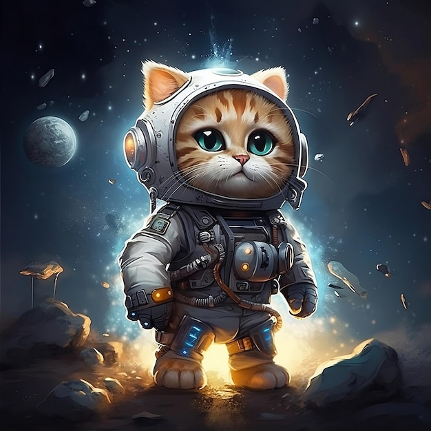 Ein Katzenastronaut steht auf einem Planeten.