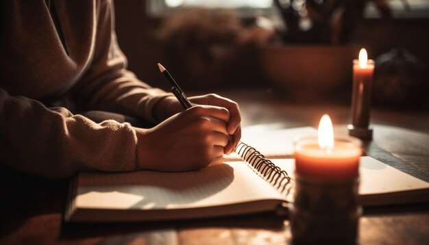 Ein kaukasischer Student, der zu Hause studiert und einen von der KI generierten Stift und Papier in der Hand hält