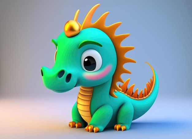 Ein Kawaii Baby Dragon Helliges und farbenfrohes 3D-Rendering, computergeneriert, entzückendes Drachenbaby mit großen Augen und realistischen Skalen