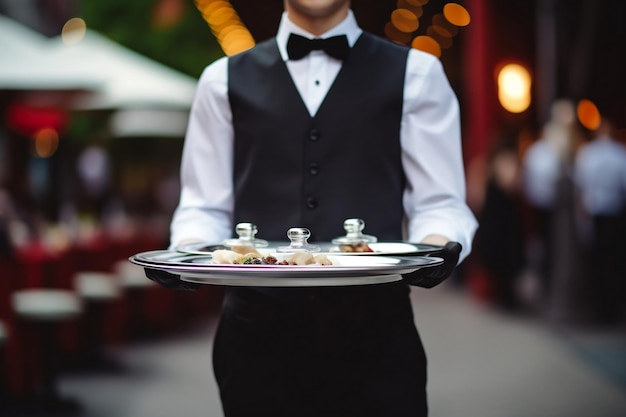 Ein Kellner hält ein Tablett mit Essen