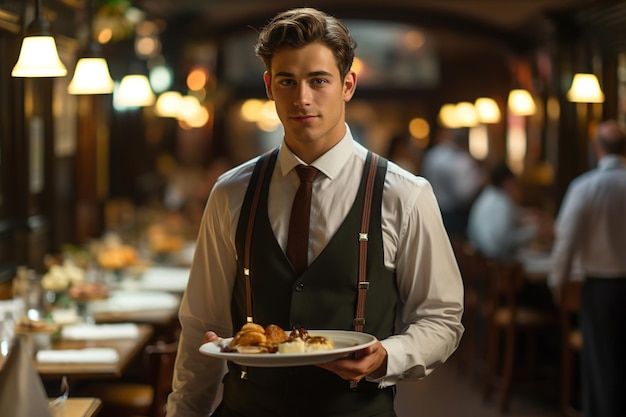 Foto ein kellner hält einen teller mit essen in einem restaurant, viele tische im hintergrund