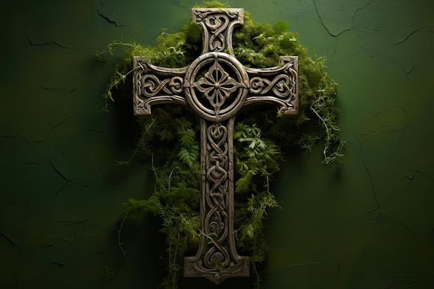 ein keltisches Kreuz mit Moos an einer Wand im Stil des gotischen Chic