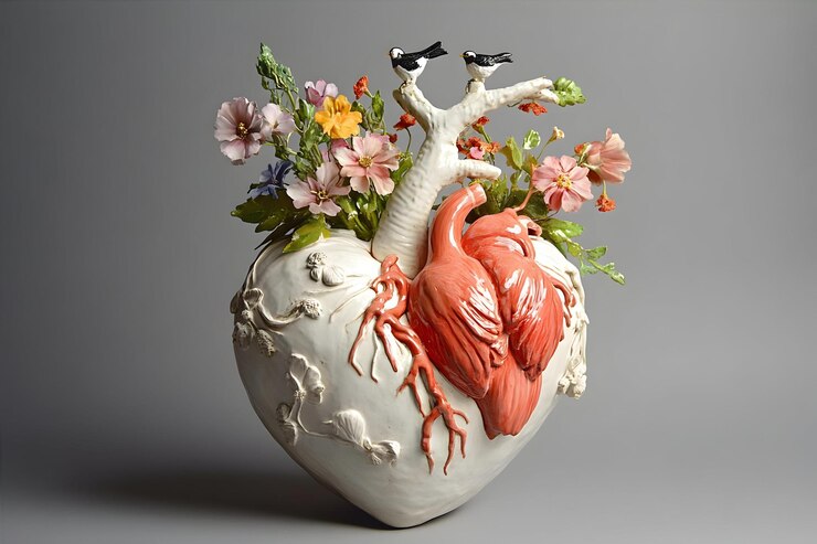 Foto ein keramikherz mit blumen und einem vogel