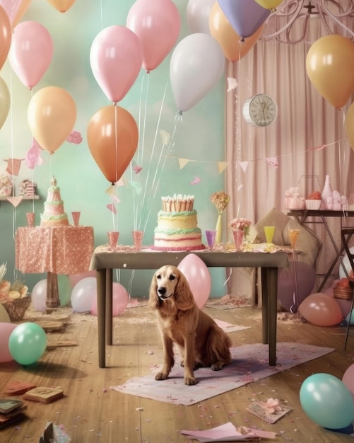 Ein KI-generiertes Bild zeigt ein pastellfarbenes Studio mit einem Partyhund Generative AI