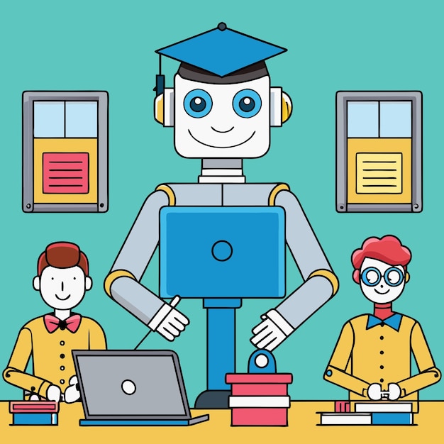 Ein KI-Roboterlehrer unterrichtet zwei Schüler in einem Klassenzimmer