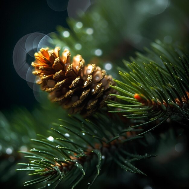 ein Kieferkegel hängt an einem Baum mit einem verschwommenen Hintergrund