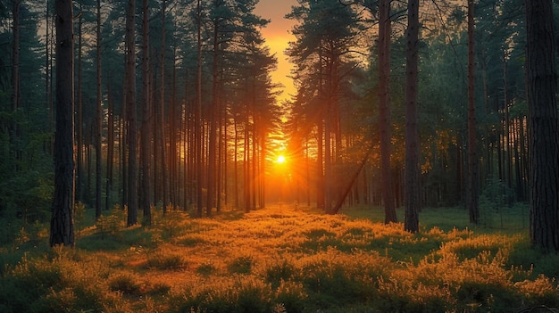 Ein Kiefernwald bei Sonnenuntergang, der die warmen Farbtöne des Abendhimmels aufnimmt