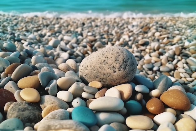 Ein Kiesstrand mit einem blauen und weißen Stein