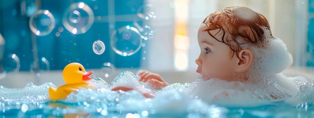 Ein Kind badet mit einer Ente in einem Schaumbad. Selektiver Fokus.