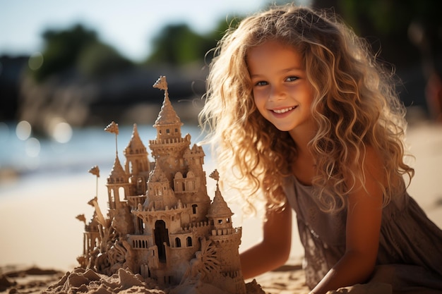 ein Kind baut ein Sandschloss am Strand und im Hintergrund des Meeres für Spaß und süßes Design
