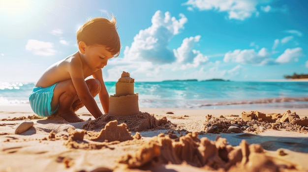 Ein Kind baut ein Sandschloss an einem sonnigen Strand