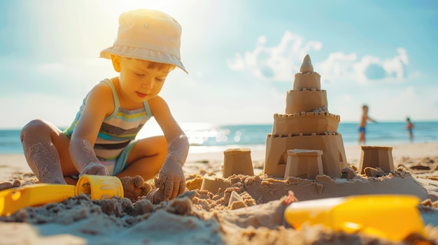 Ein Kind baut ein Sandschloss an einem sonnigen Strand