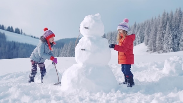 Ein Kind baut einen Schneemann. Ein Kind baut einen Schneemann. Familienvergnügen im Freien über die Weihnachtsferien in den Bergen mit Jungen und Mädchen, die im Schnee spielen. KI GENERIEREN