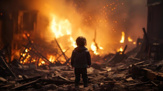 Ein Kind beobachtet den Brand und die Zerstörung seines Hauses vor dem Hintergrund einer Explosion