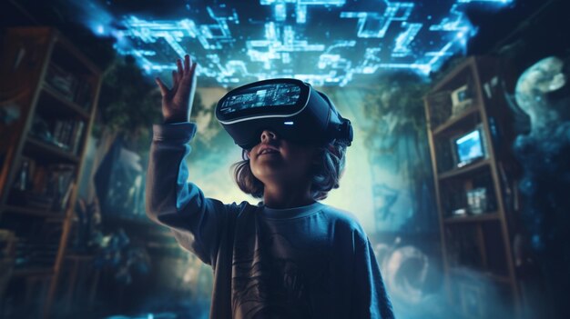 Ein Kind, das ein Virtual-Reality-Headset trägt und auf dessen Bildschirm die Wörter virtuell erscheinen