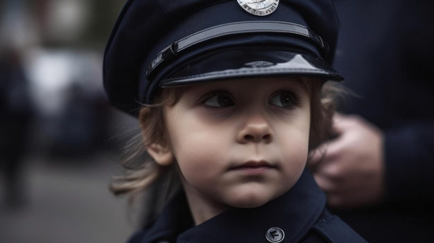 Ein Kind, das eine Polizeimütze mit der Aufschrift „Polizei“ trägt.