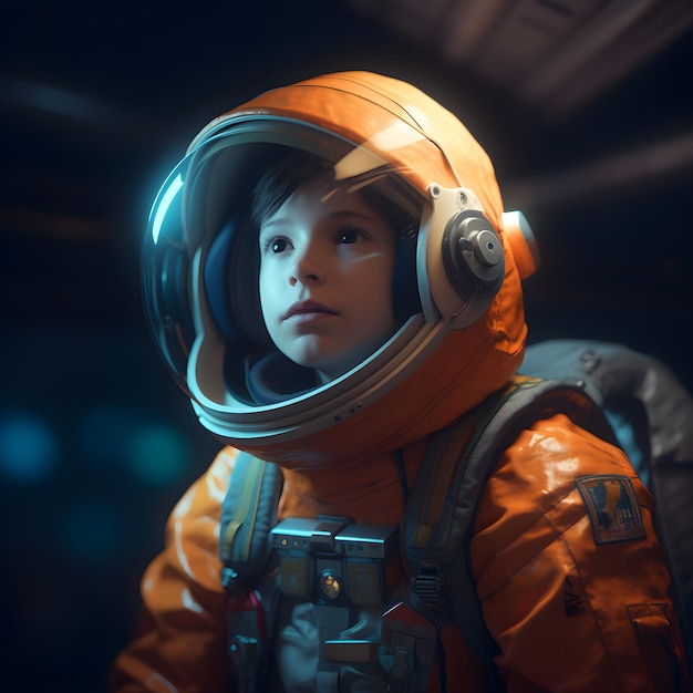 Ein Kind, das einen orangefarbenen Astronautenanzug mit dem Wort Astronaut auf der Vorderseite trägt.