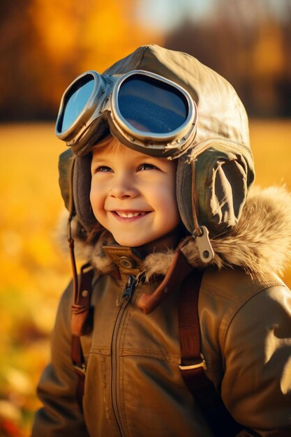 ein Kind, das einen Pilotenhelm und eine Schutzbrille trägt, lächelt