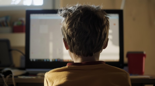 Ein Kind, das in die digitale Welt vertieft ist, dessen Hinterkopf von der Lumineszenz des Computers beleuchtet wird