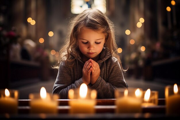 Foto ein kind, das in einer kirche betet