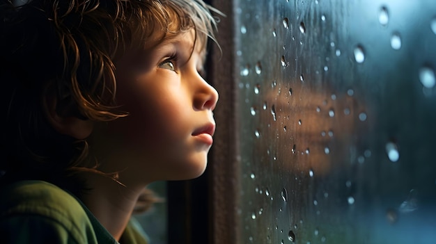 Ein Kind, das von den rhythmischen Regentropfen gefesselt aus einem regenbefleckten Fenster schaut