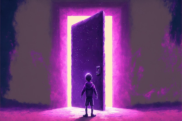Ein Kind, das vor dem leuchtenden violetten Eingang steht, um an einen anderen Ort zu gehen, digitale Kunststil-Illustrationsmalerei, Fantasy-Konzept eines Jungen, der in der Nähe des magischen Portals steht