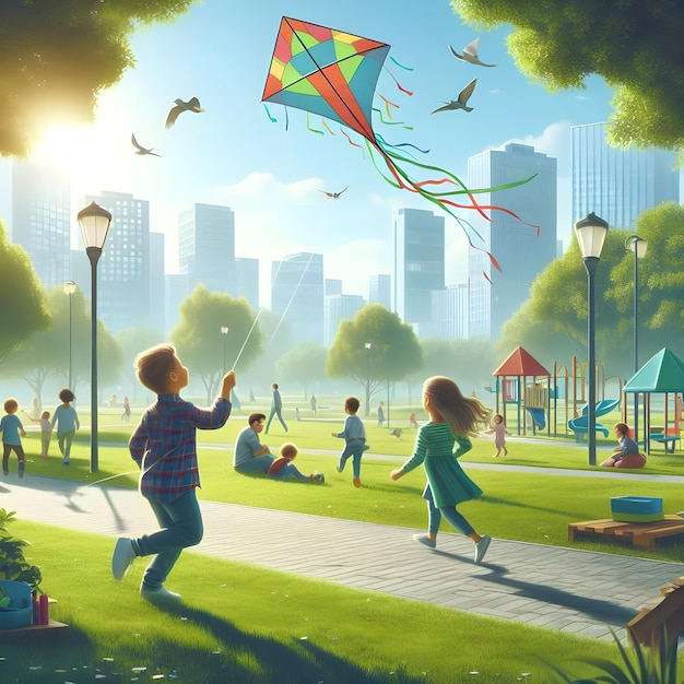 Ein Kind fliegt mit anderen Kindern einen Drachen in einem Park