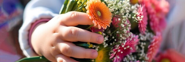 Ein Kind hält einen Blumenstrauß mit einer kleinen orangefarbenen Blume in der Mitte.