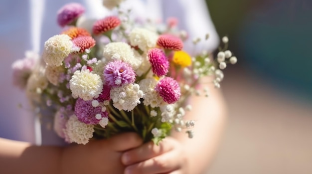 Ein Kind hält einen Blumenstrauß.