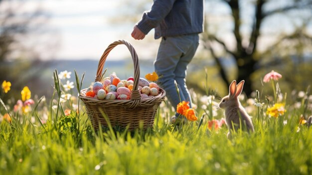 Ein Kind hält einen Korb mit bunten Ostereiern in einem sonnigen Garten und jagt Eier