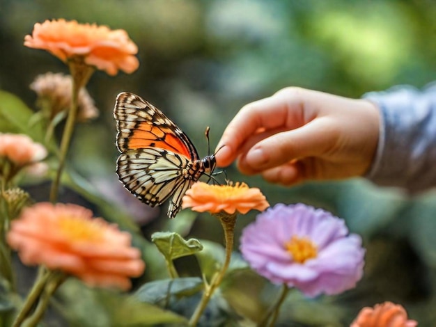 ein Kind hält einen Schmetterling, der darauf gemalt wurde