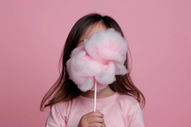 Ein Kind hält einen Zuckerwatte-Stick über das Gesicht