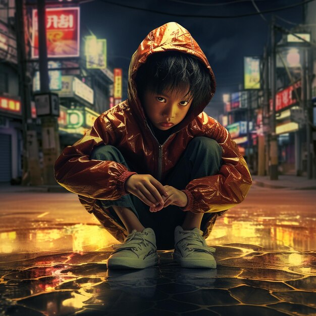 Ein Kind im Regenmantel sitzt auf einem nassen Boden.