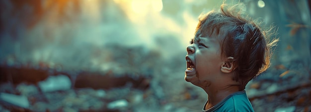 Ein Kind in den Trümmern schluchzt
