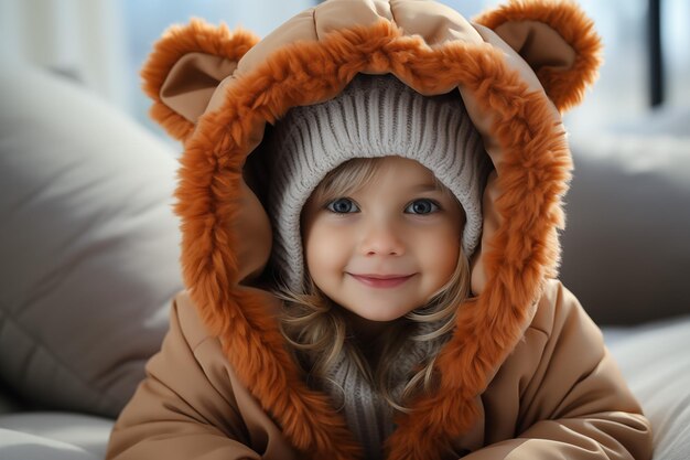 ein Kind in einem Bären-Fuchs-Outfit auf weißem Wohnzimmer-Hintergrund