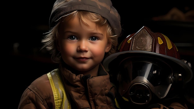 ein Kind in Feuerwehruniform und Helm