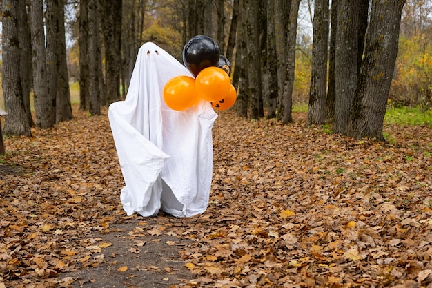 Ein Kind in Laken mit Augenausschnitt wie ein Geisterkostüm in einem Herbstwald erschreckt und erschreckt Eine nette kleine lustige Geister-Halloween-Party
