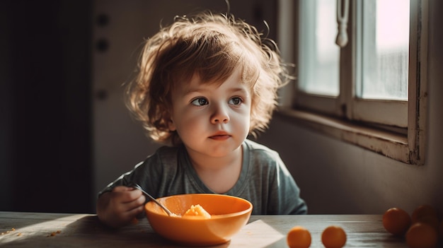 Ein Kind isst eine Schüssel Orangensaft