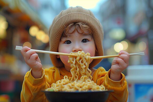 Ein Kind isst mit Stäbchen Ramen-Nudeln